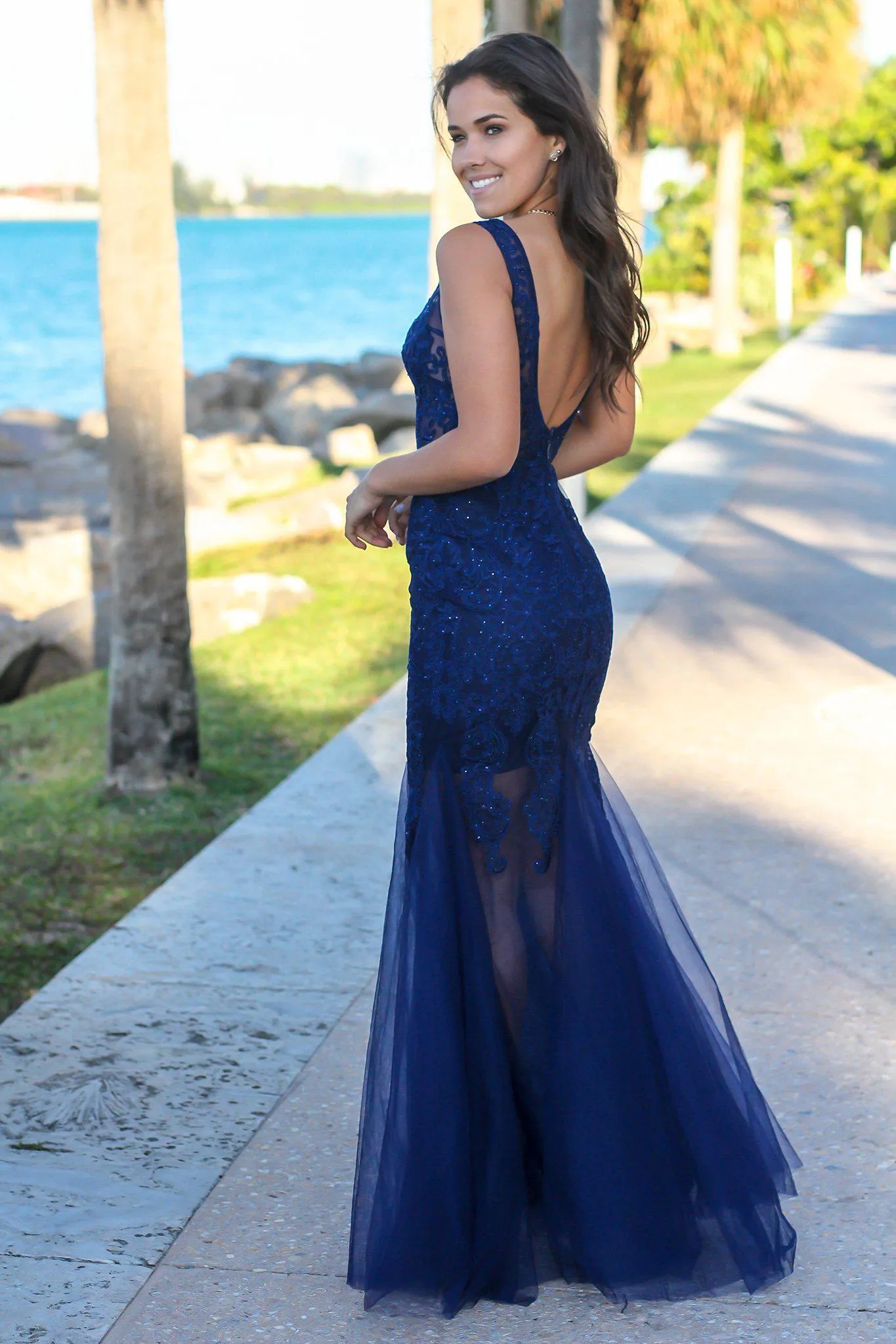 Navy Lace Maxi Dress with Tulle Detail