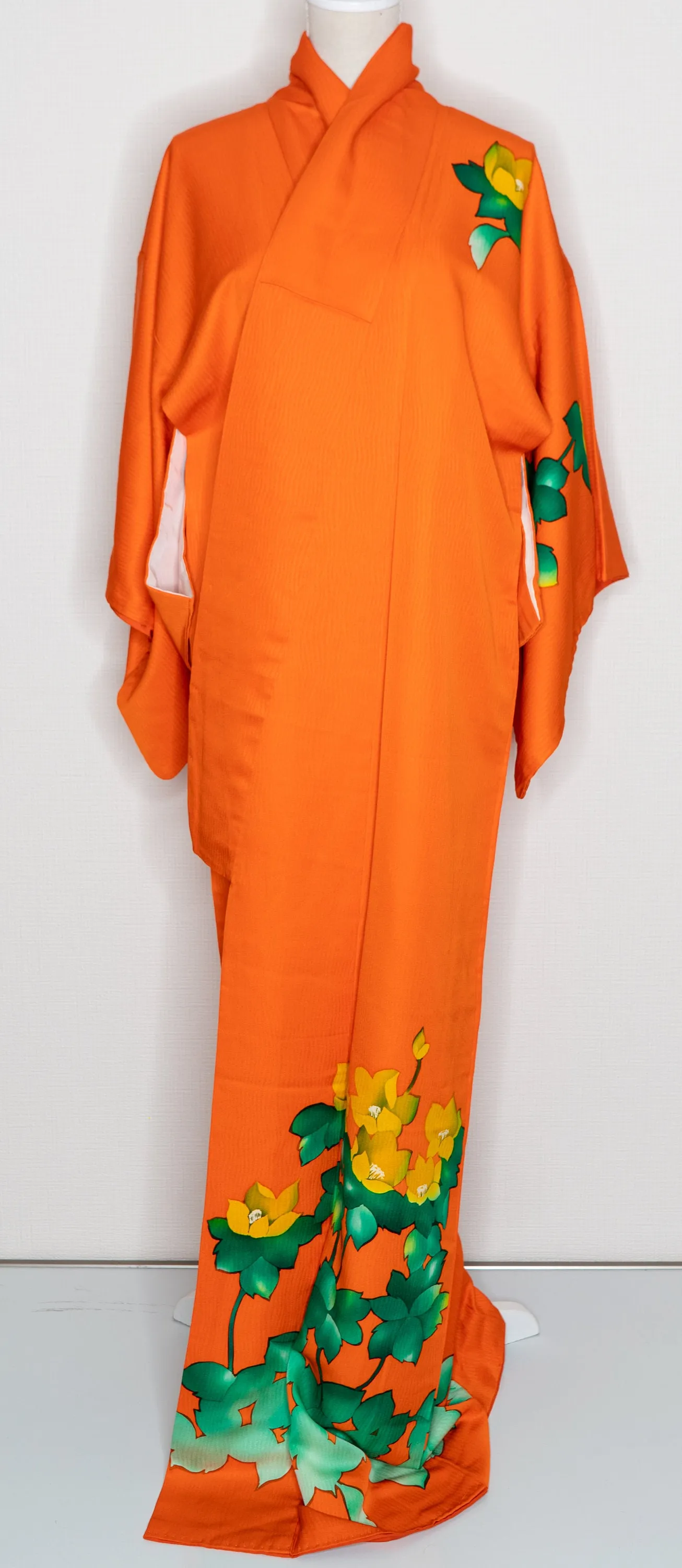 Neon Orange Homongi Formal Japanese Women's Kimono Green Leaves Yellow Flowers