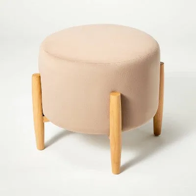 New - Elroy Round Velvet Ottoman with Wooden Legs Light Brown - Threshold designed with Studio McGee