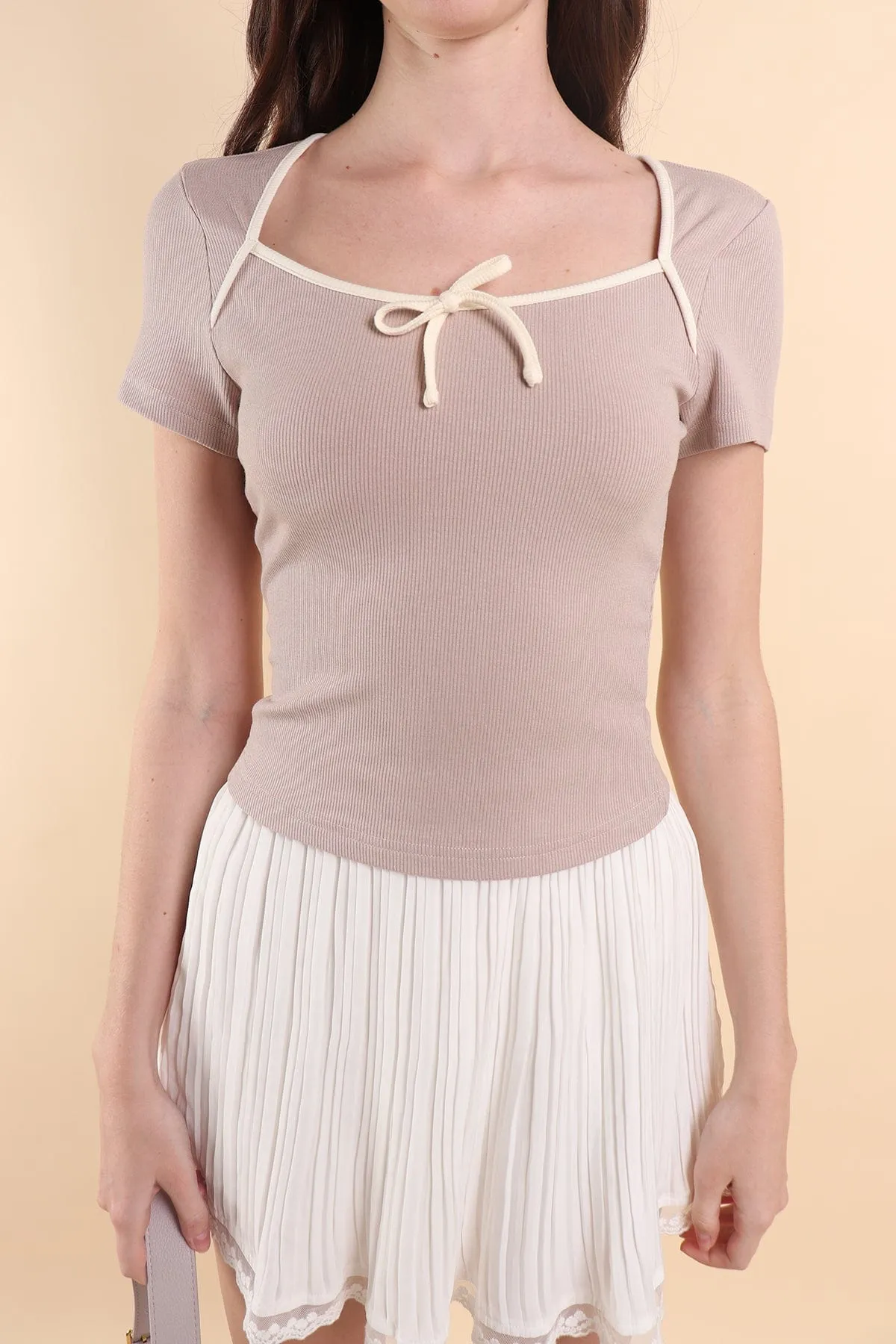 OLLIE RIBBON RIBBED TOP IN FRENCH TAUPE