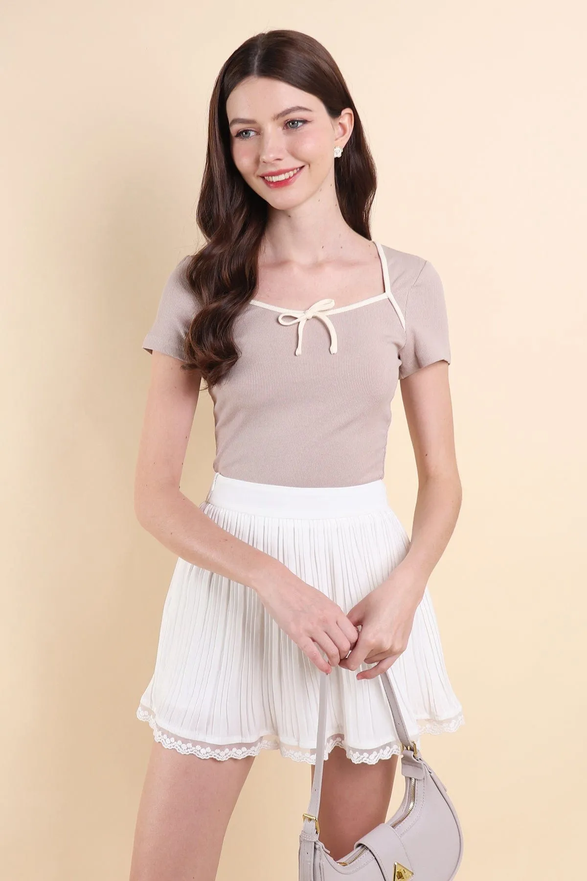 OLLIE RIBBON RIBBED TOP IN FRENCH TAUPE