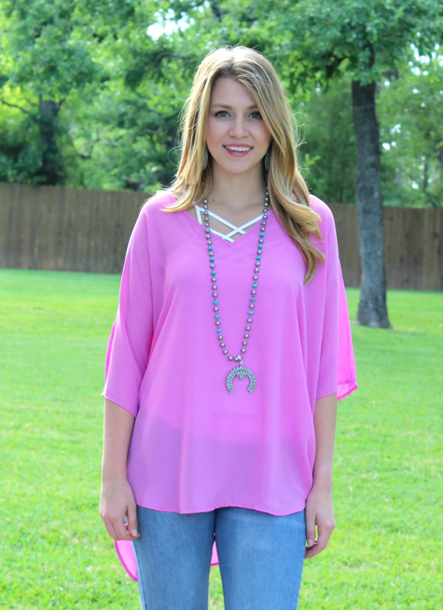 On The Line Sheer Oversized Poncho Top in Orchid