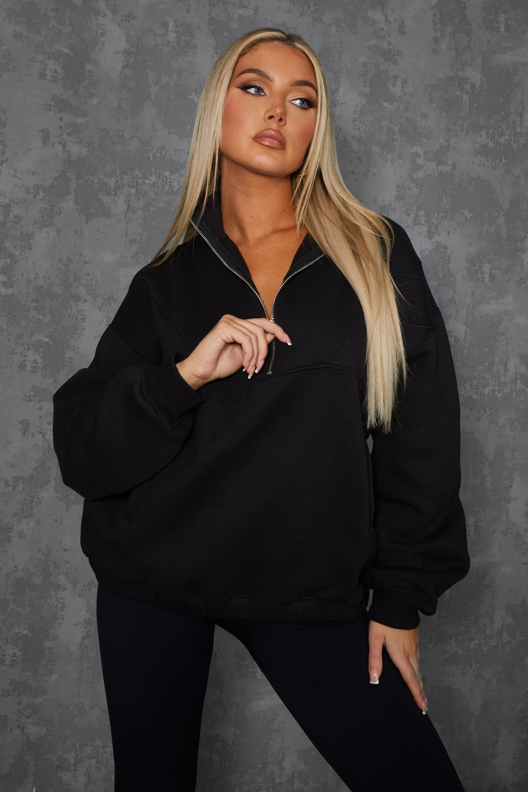 Oversized Half Zip Pullover Pocket Front Sweatshirt Black