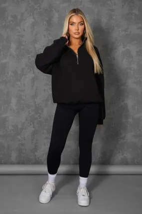 Oversized Half Zip Pullover Pocket Front Sweatshirt Black