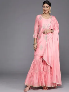 Peach Embroidered Chanderi Silk Straight Kurta With Sharara & Dupatta