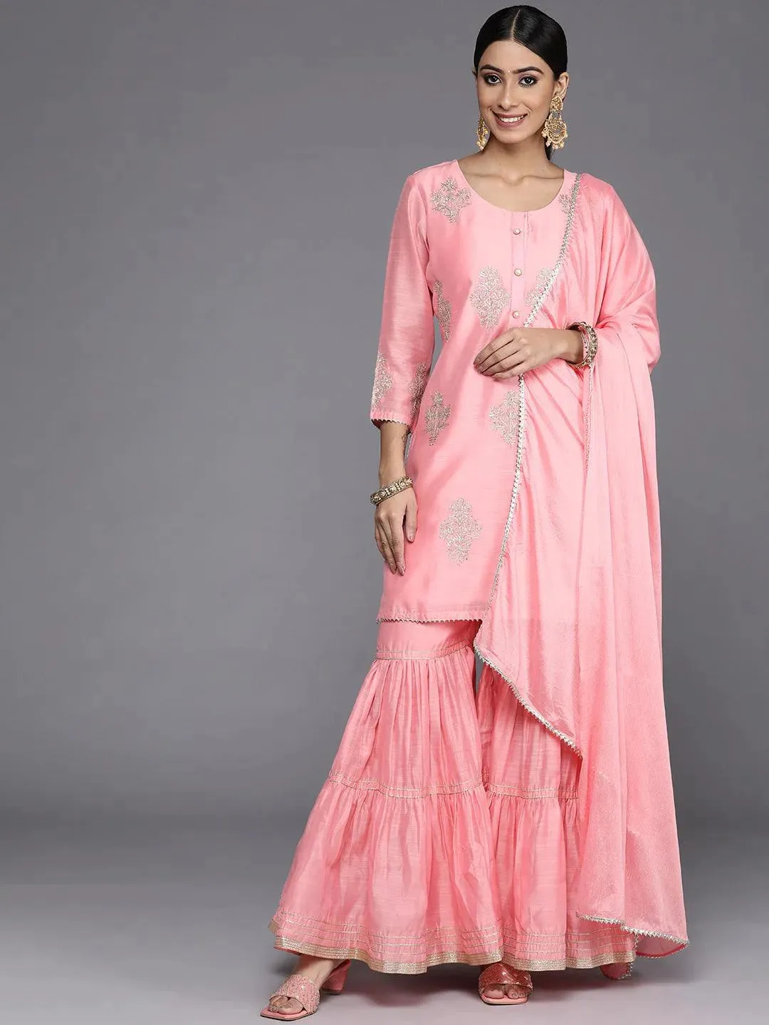 Peach Embroidered Chanderi Silk Straight Kurta With Sharara & Dupatta