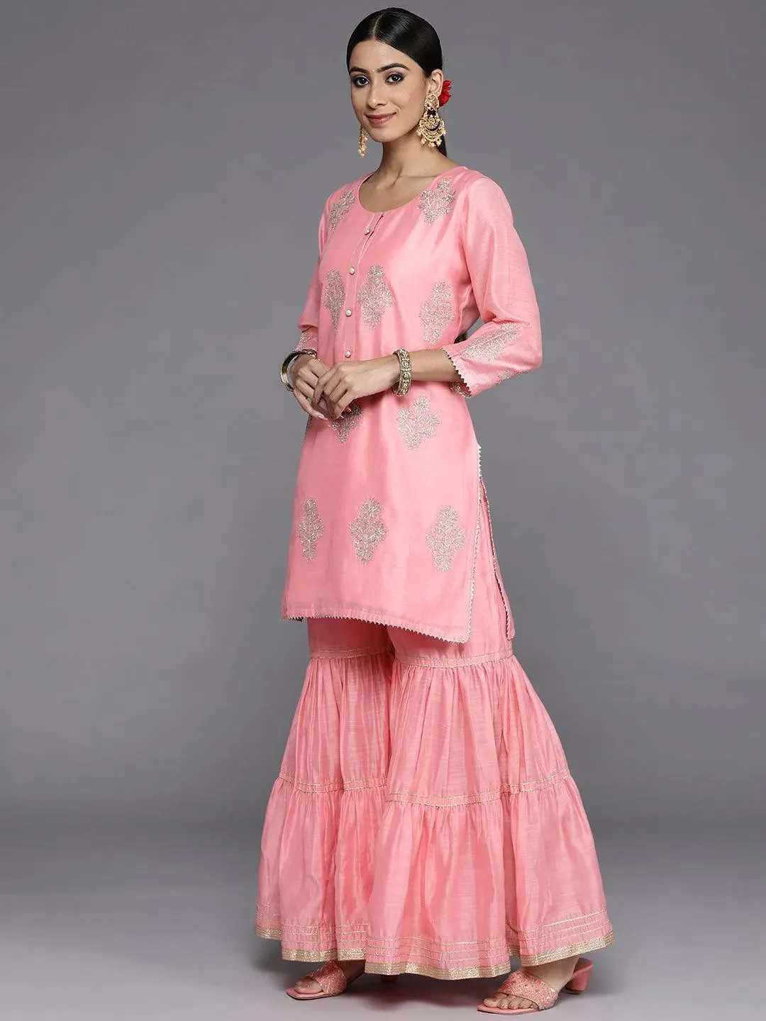 Peach Embroidered Chanderi Silk Straight Kurta With Sharara & Dupatta