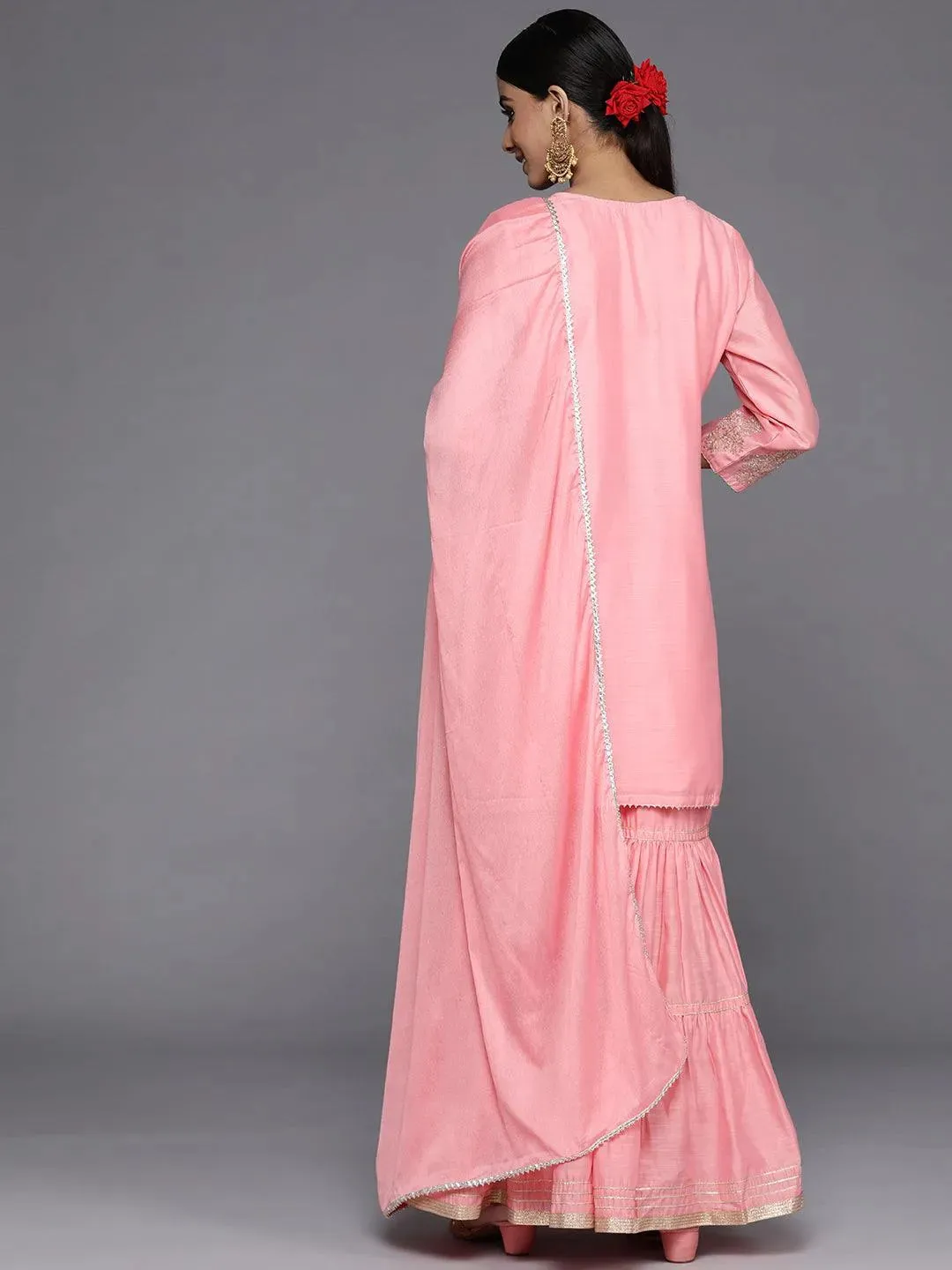 Peach Embroidered Chanderi Silk Straight Kurta With Sharara & Dupatta