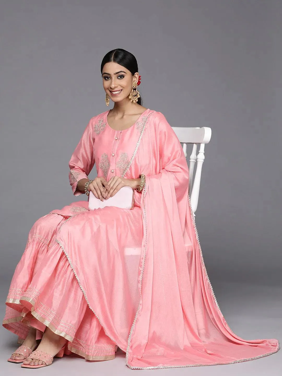 Peach Embroidered Chanderi Silk Straight Kurta With Sharara & Dupatta