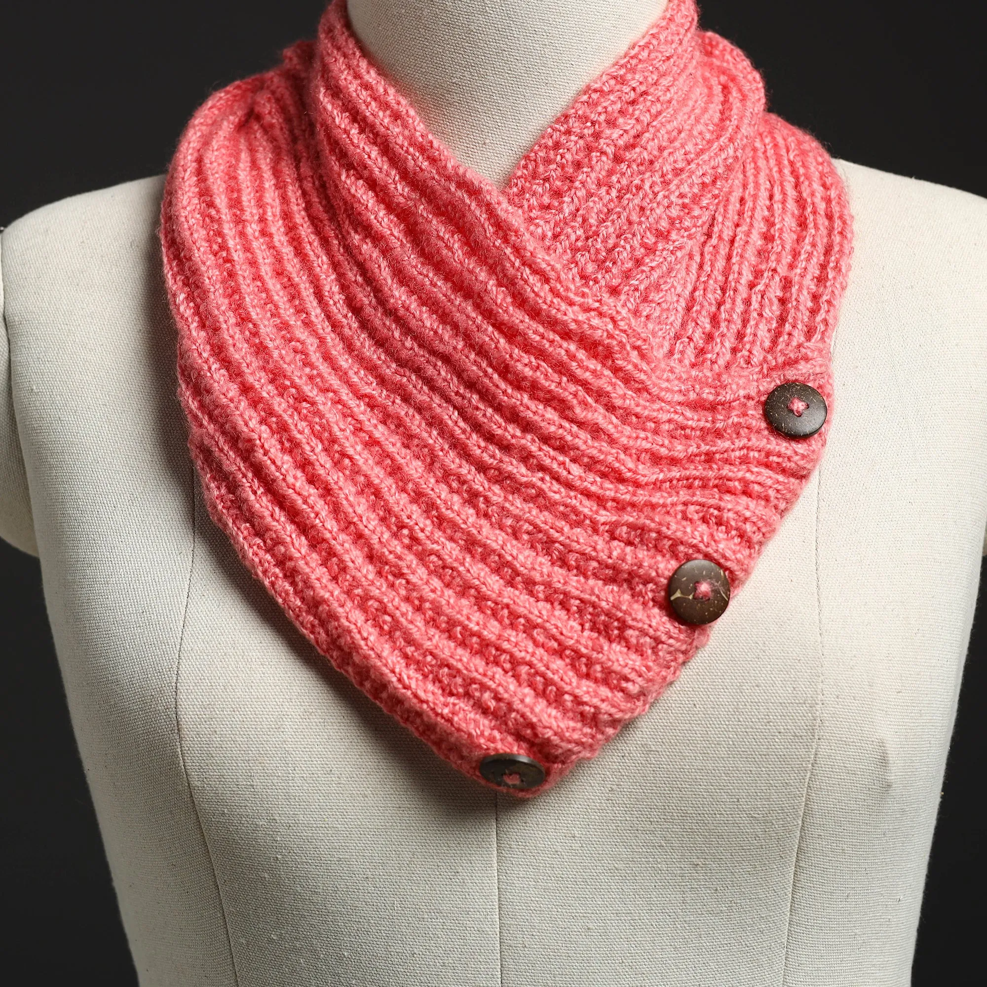 Pink - Kumaun Hand Knitted Woolen Button Cowl 127