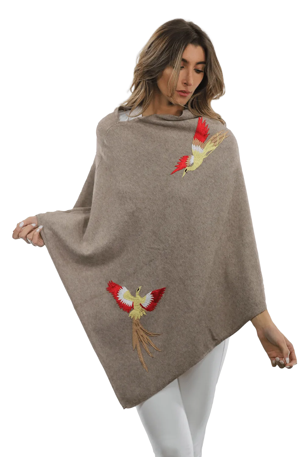 Poncho with Embroidered Phoenix - Camel Red