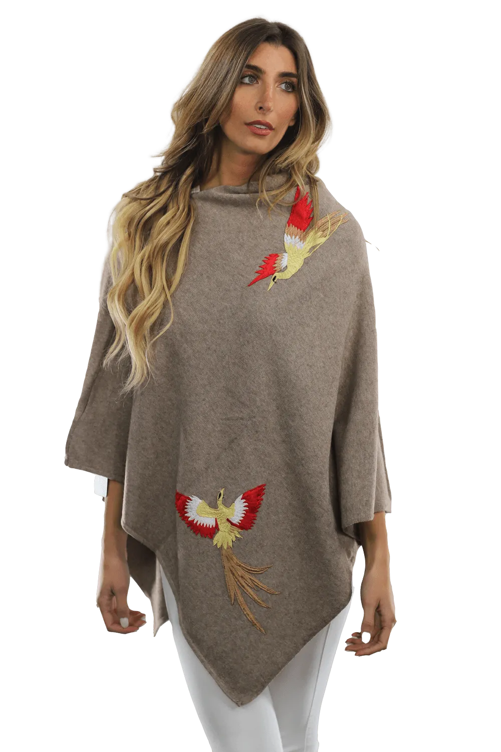 Poncho with Embroidered Phoenix - Camel Red