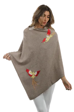 Poncho with Embroidered Phoenix - Camel Red