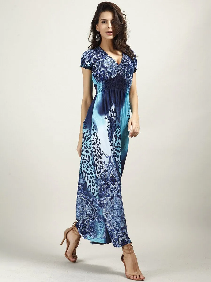 Pretty Bohemia Floral Short Sleeve V Neck Maxi Dress