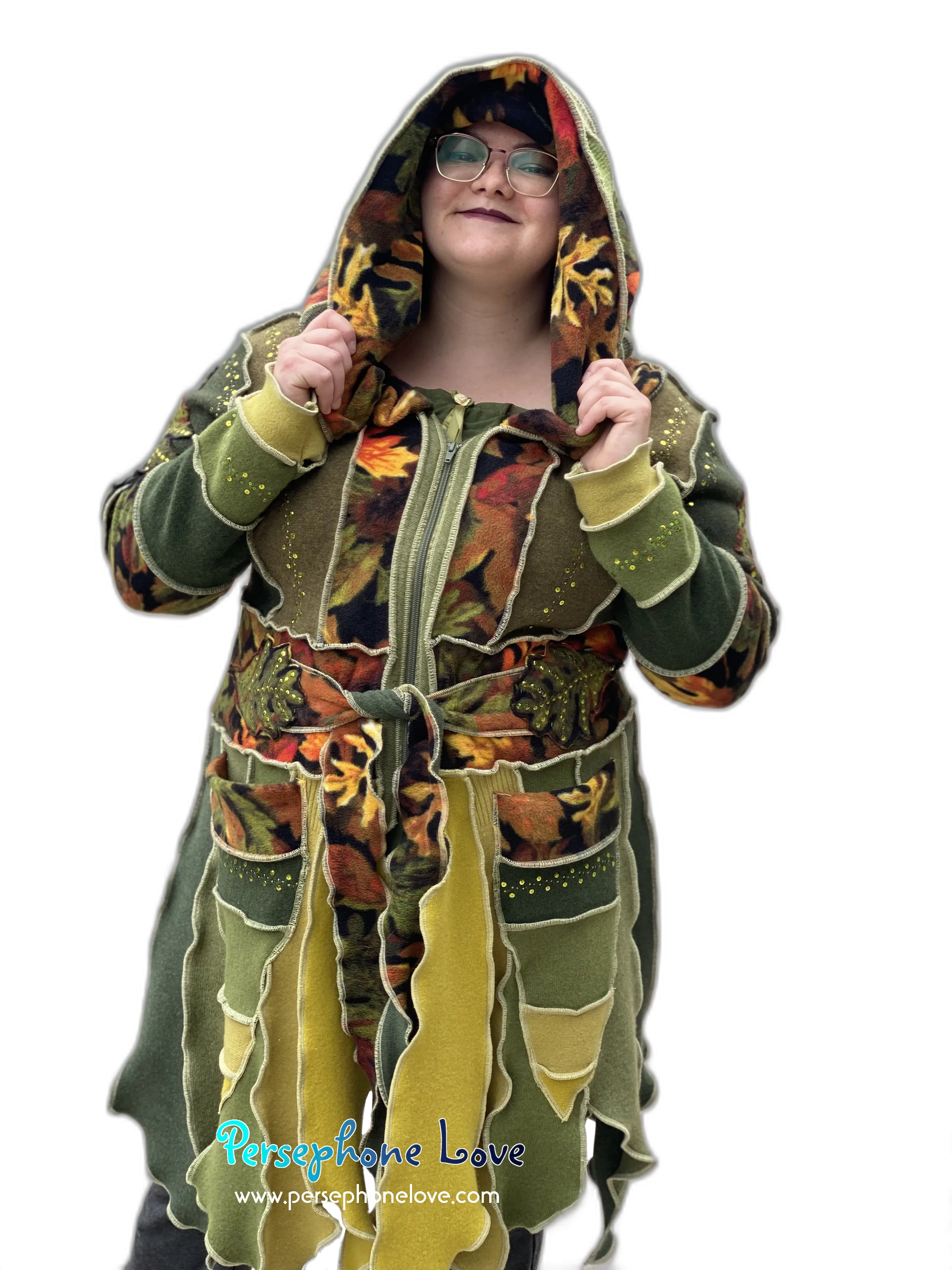 "The Arborist" GODDESS SIZE green embroidered/felted/sequins cashmere pixie patchwork Katwise sweatercoat-2544