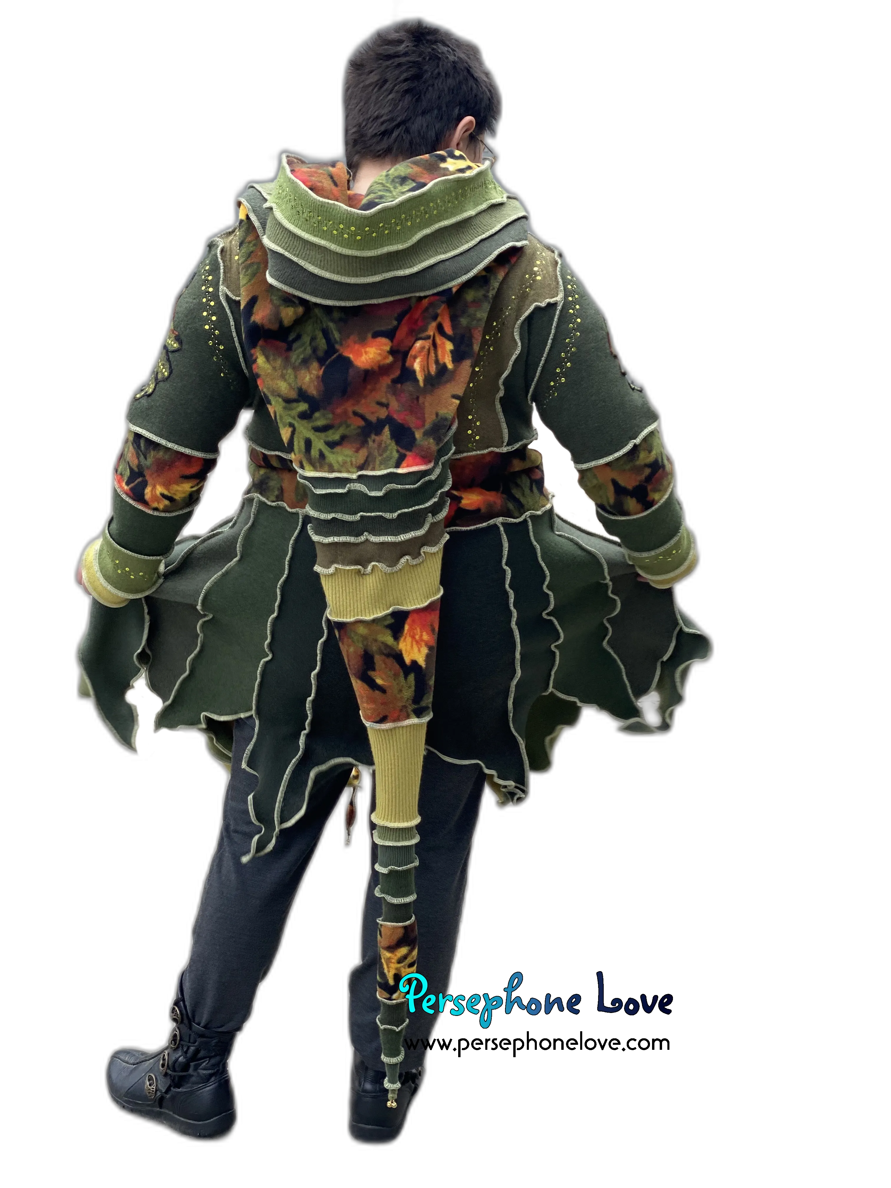 "The Arborist" GODDESS SIZE green embroidered/felted/sequins cashmere pixie patchwork Katwise sweatercoat-2544