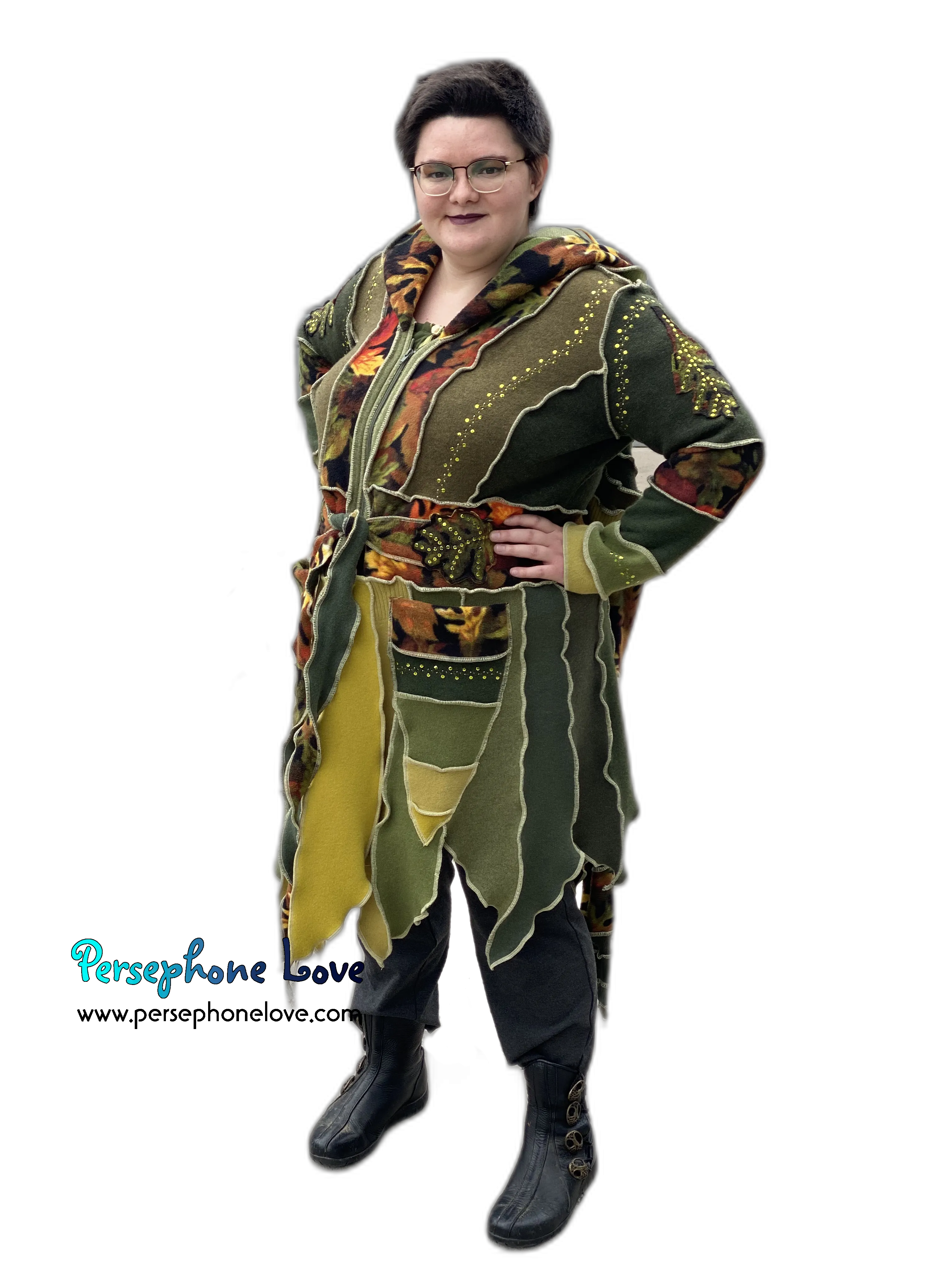 "The Arborist" GODDESS SIZE green embroidered/felted/sequins cashmere pixie patchwork Katwise sweatercoat-2544