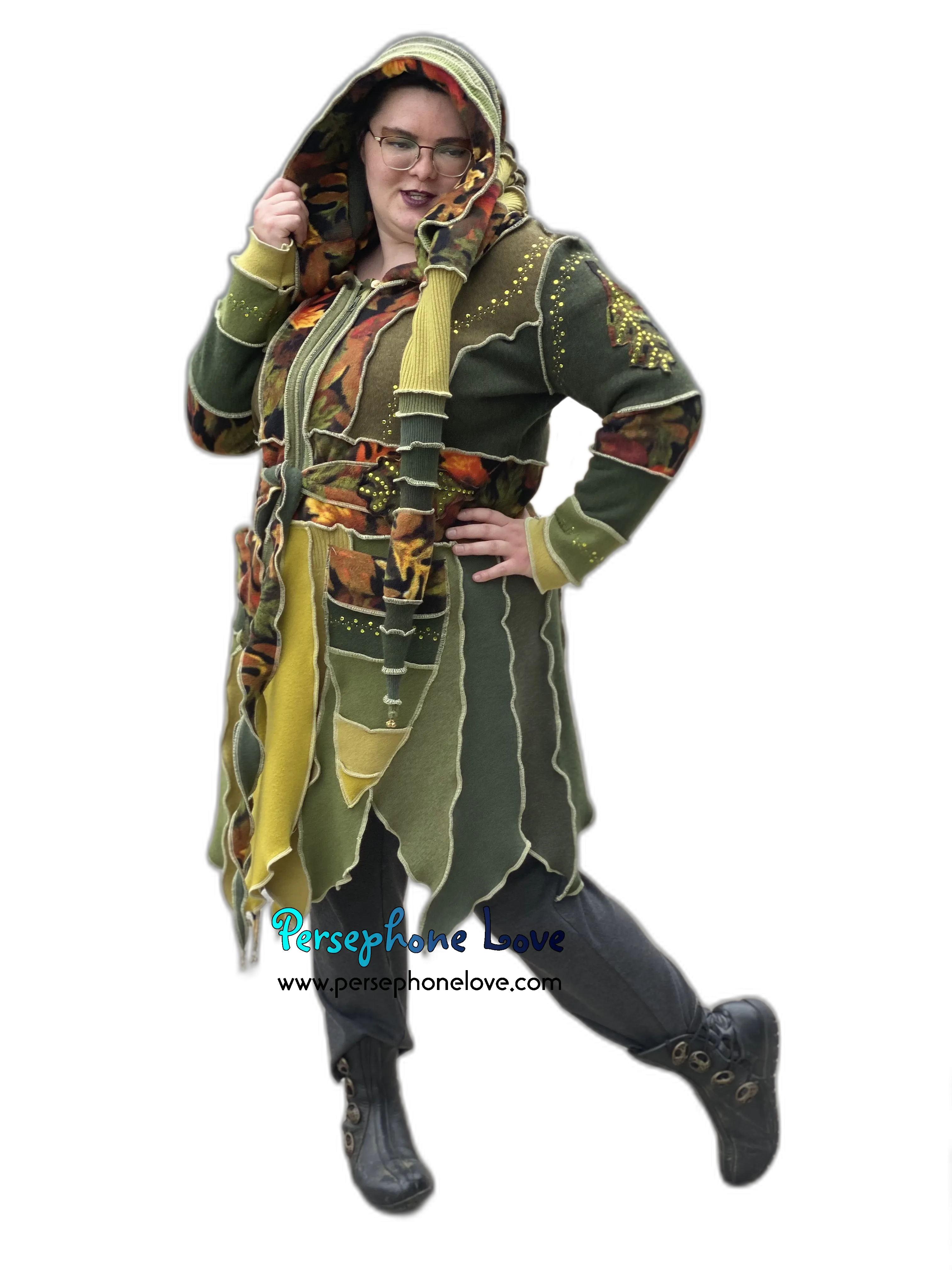 "The Arborist" GODDESS SIZE green embroidered/felted/sequins cashmere pixie patchwork Katwise sweatercoat-2544