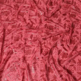 Radiant Coral Red Embroidered Cotton Voile Fabric for Thobe - 140cm Wide-4.5 Mtrs piece-D18609