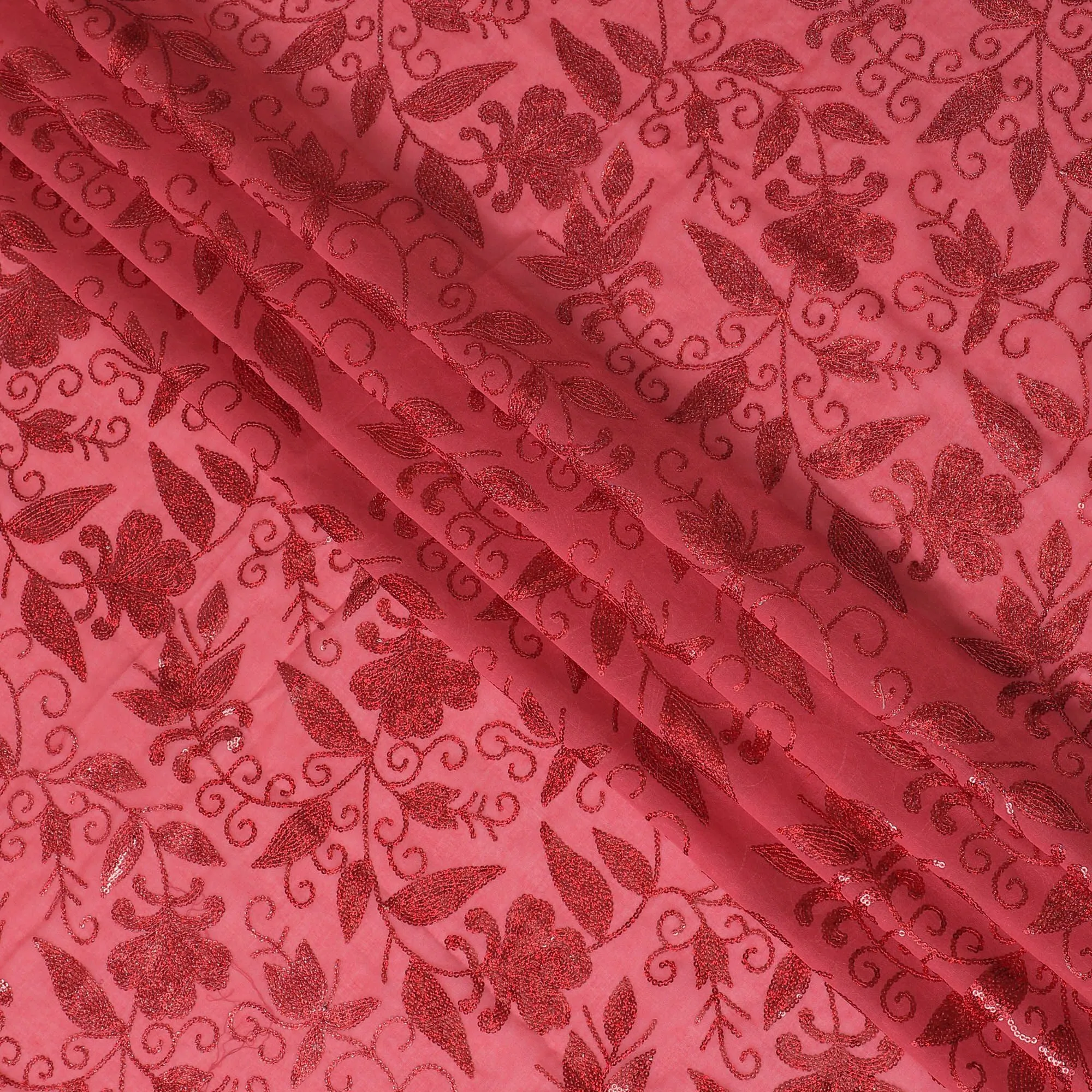 Radiant Coral Red Embroidered Cotton Voile Fabric for Thobe - 140cm Wide-4.5 Mtrs piece-D18609