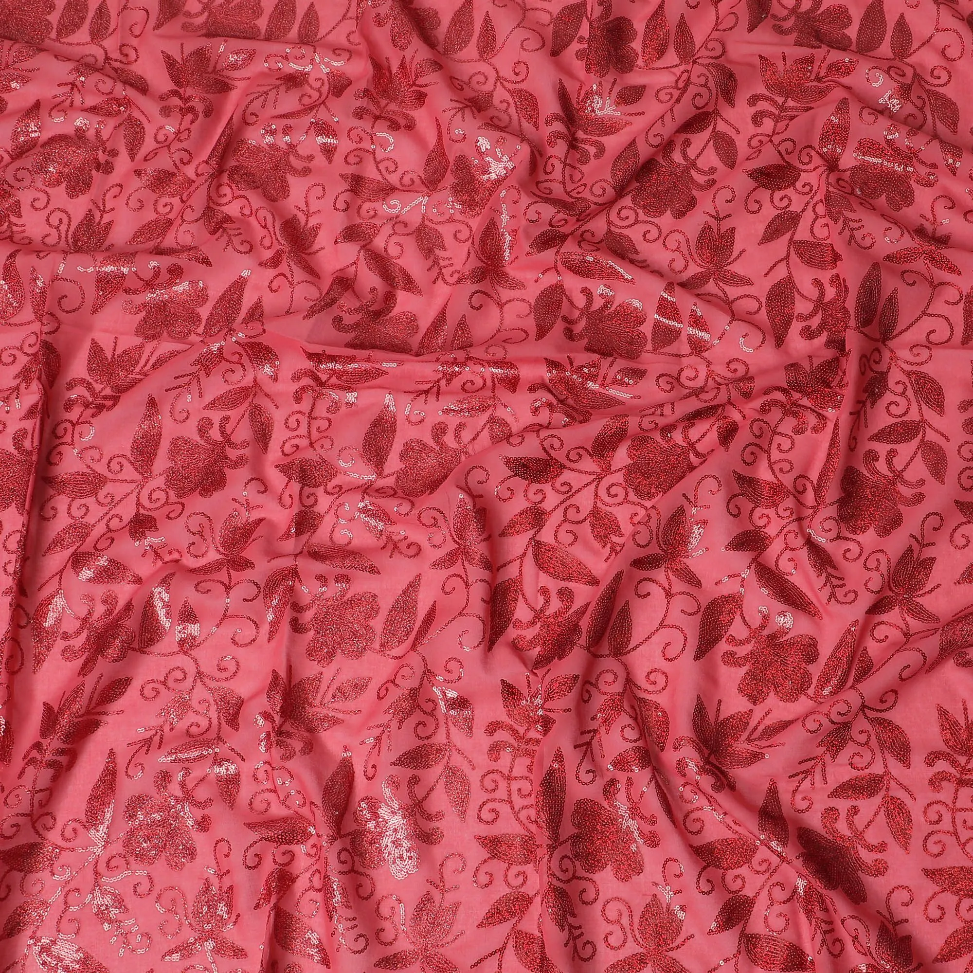 Radiant Coral Red Embroidered Cotton Voile Fabric for Thobe - 140cm Wide-4.5 Mtrs piece-D18609