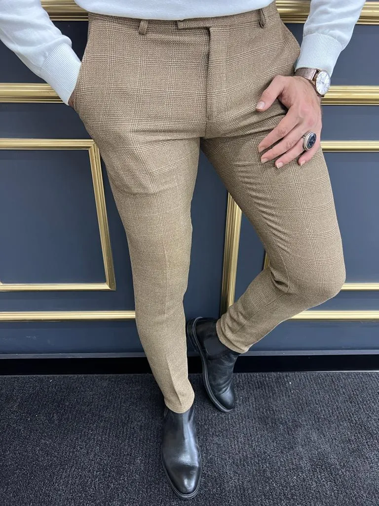 Rick Slim Fit Plaid Striped Camel Trouser