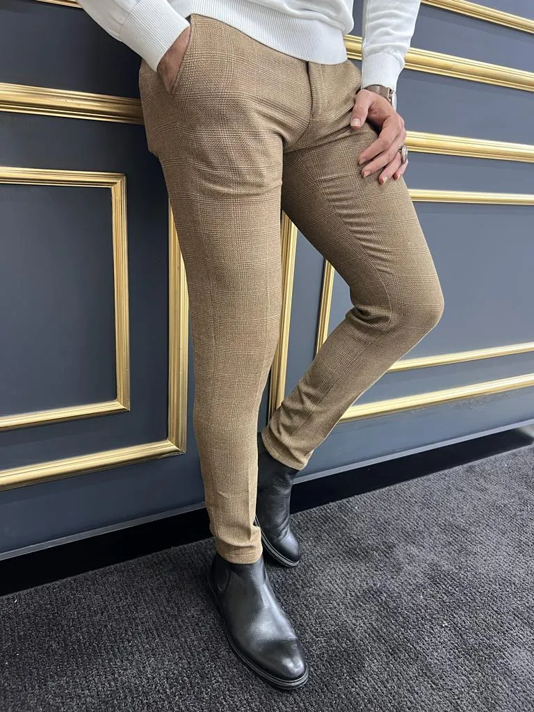 Rick Slim Fit Plaid Striped Camel Trouser