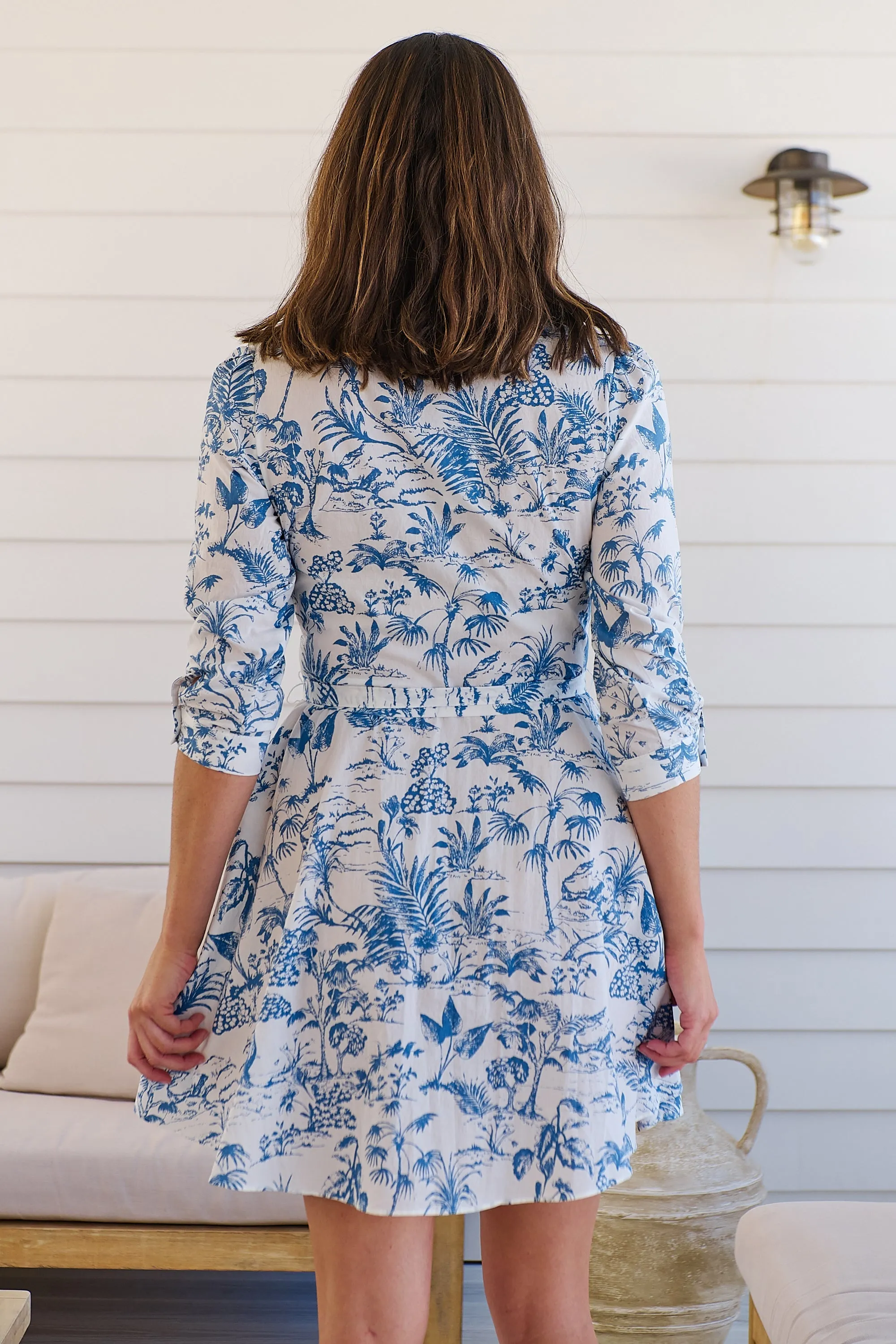 Romona 3/4 Sleeve White/Blue Palm Print Collared Dress