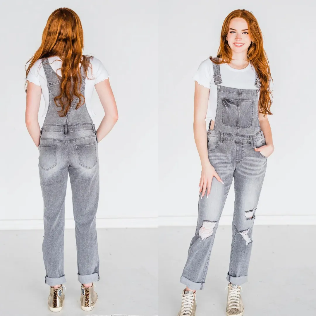 Rubies   Honey Grey Distressed Straight Leg Overalls Pre-Order