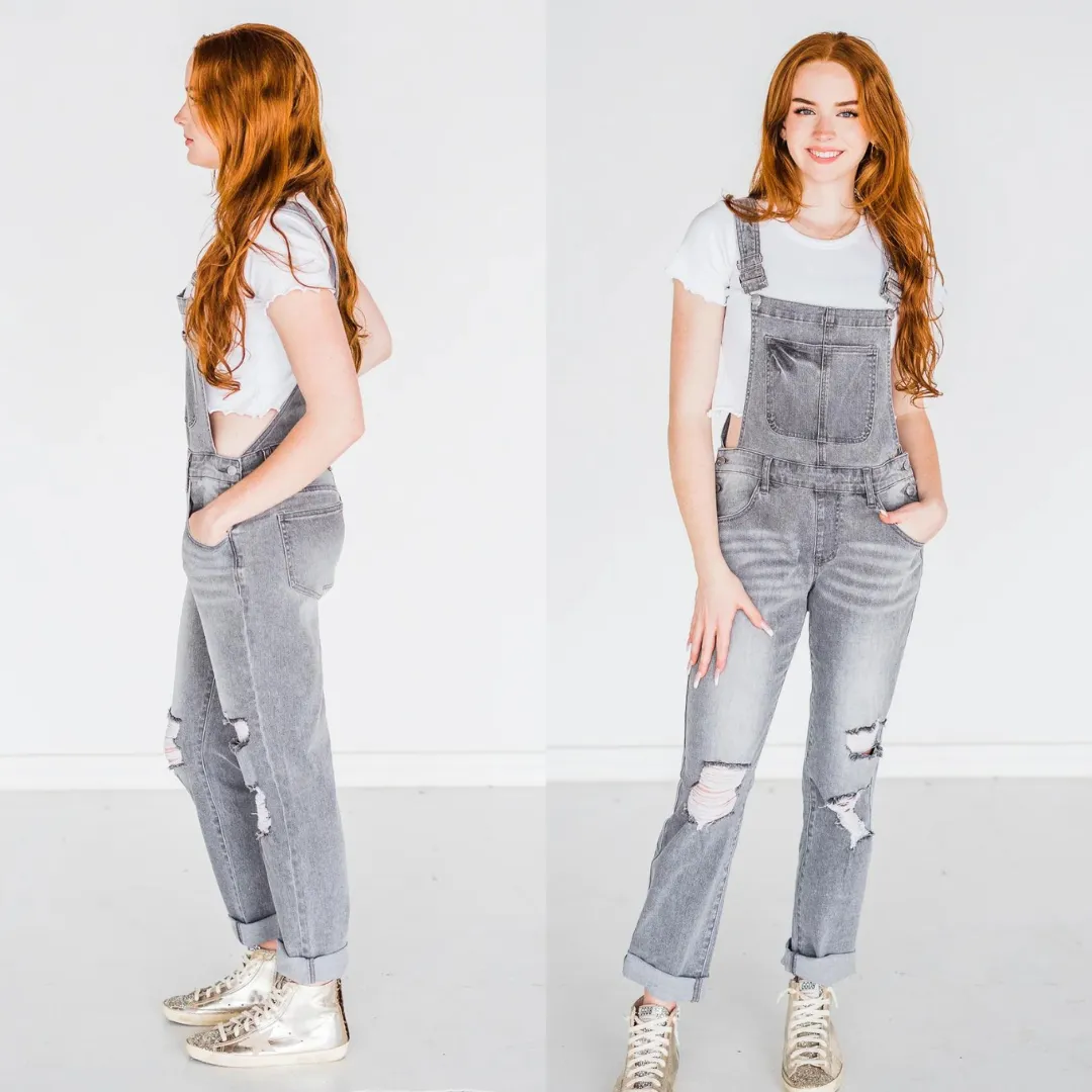 Rubies   Honey Grey Distressed Straight Leg Overalls Pre-Order