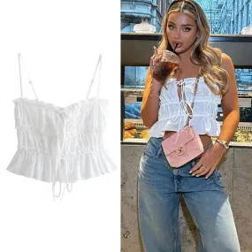 Ruffle White Top Women Tied Sleeveless Crop Tops Woman Pleated Backless Sexy Camisole Top Cut Out Summer Semi Sheer Top