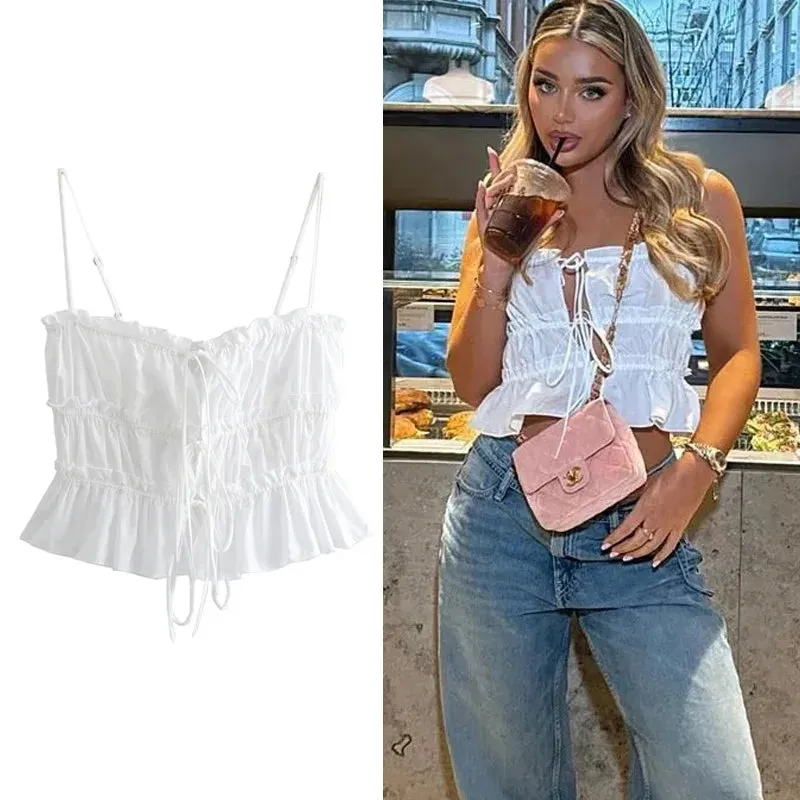 Ruffle White Top Women Tied Sleeveless Crop Tops Woman Pleated Backless Sexy Camisole Top Cut Out Summer Semi Sheer Top