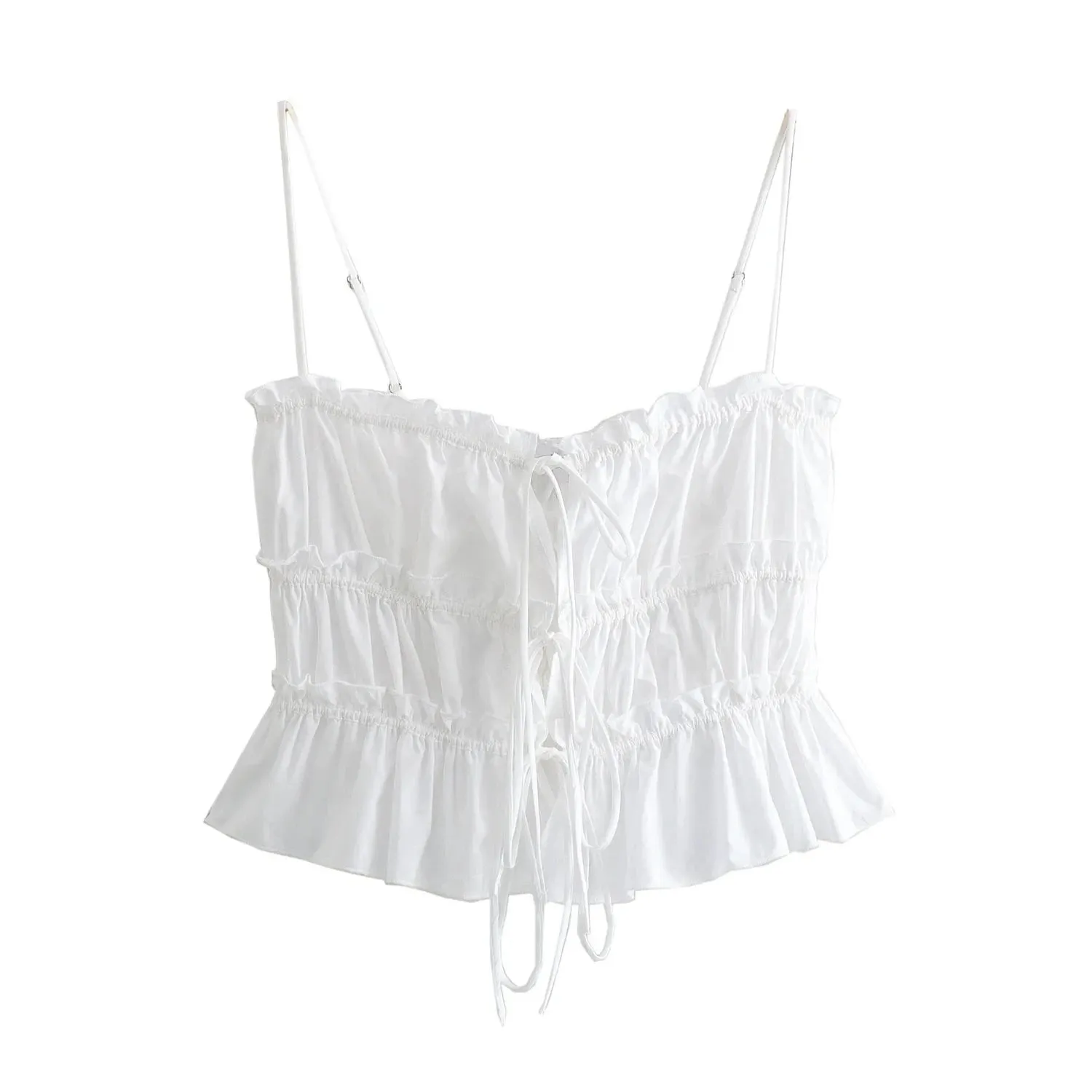 Ruffle White Top Women Tied Sleeveless Crop Tops Woman Pleated Backless Sexy Camisole Top Cut Out Summer Semi Sheer Top