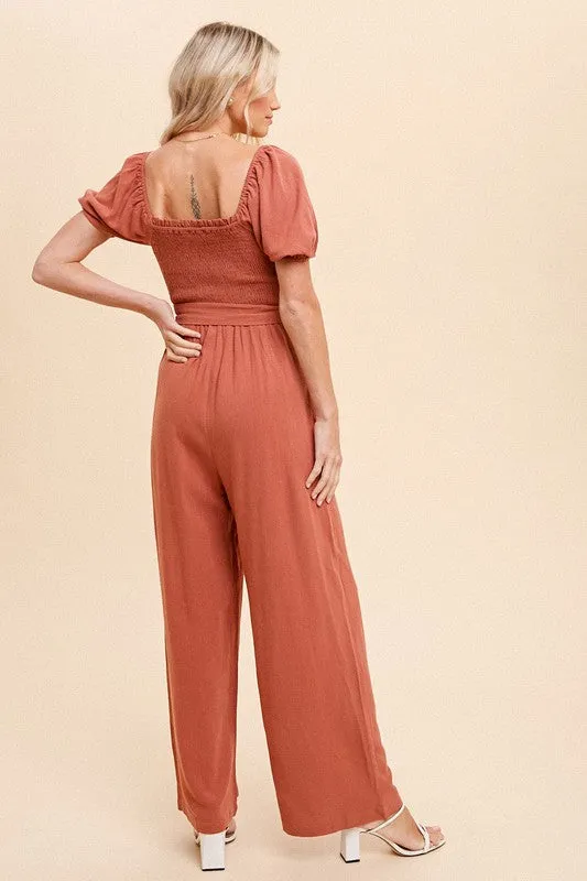 Rust Bubble Sleeve Smocked Jumpsuit