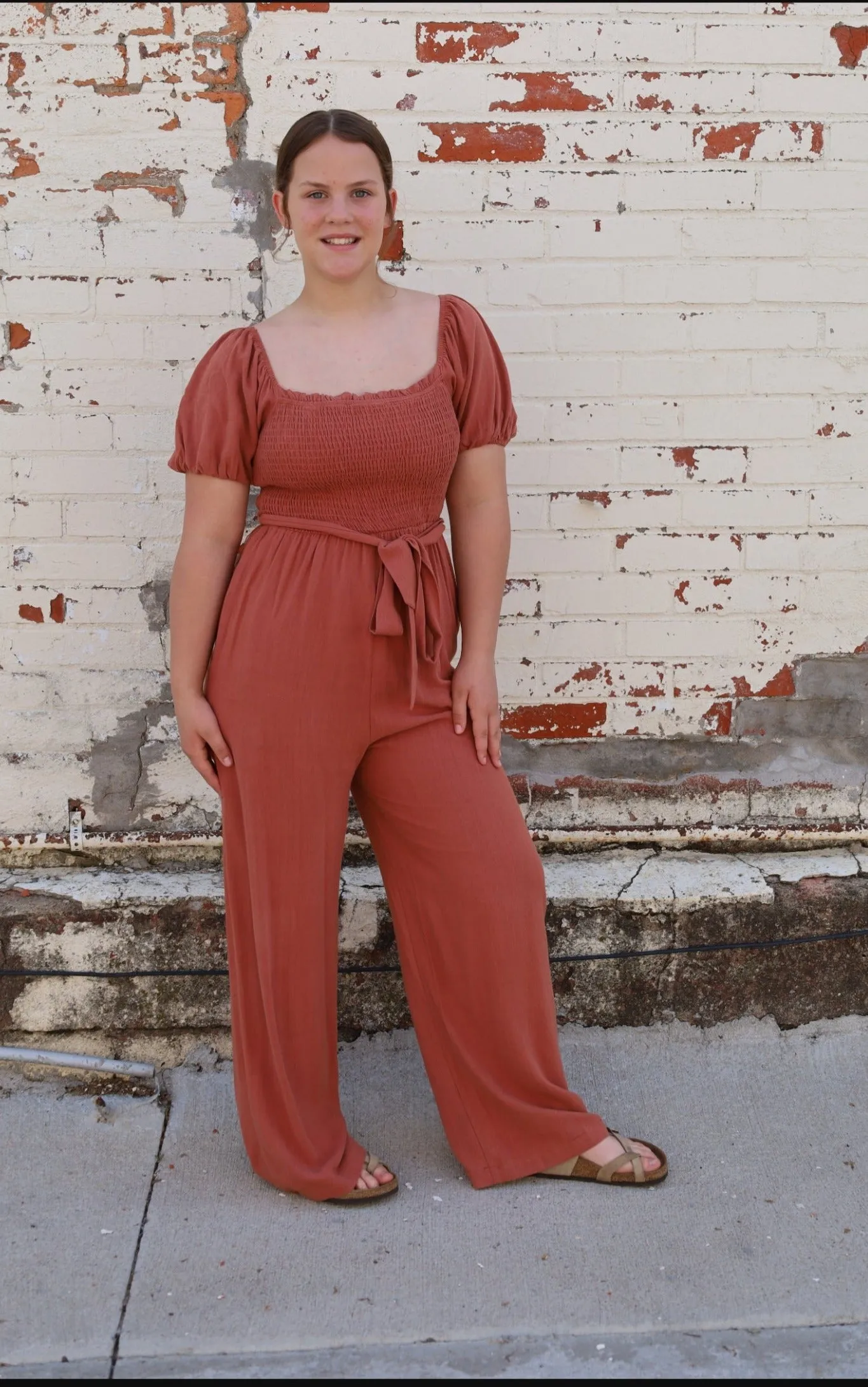 Rust Bubble Sleeve Smocked Jumpsuit