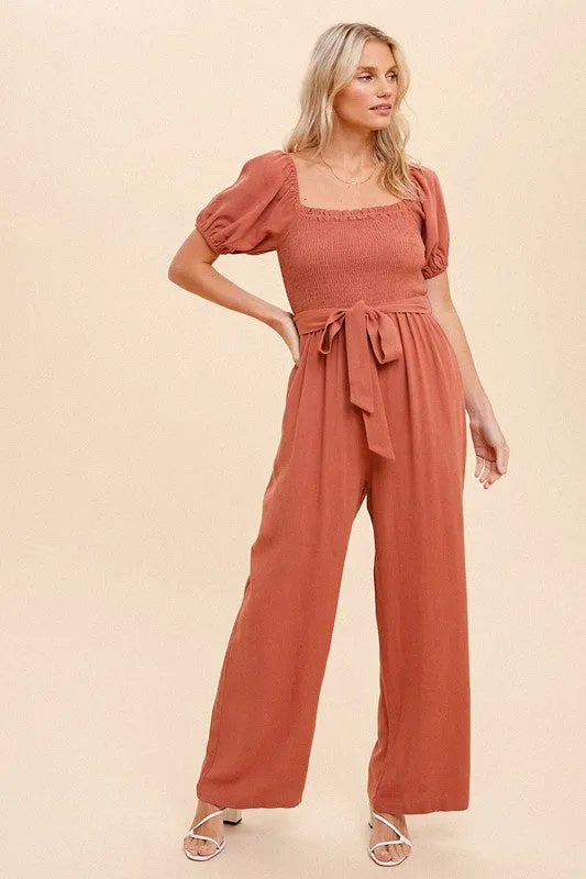 Rust Bubble Sleeve Smocked Jumpsuit