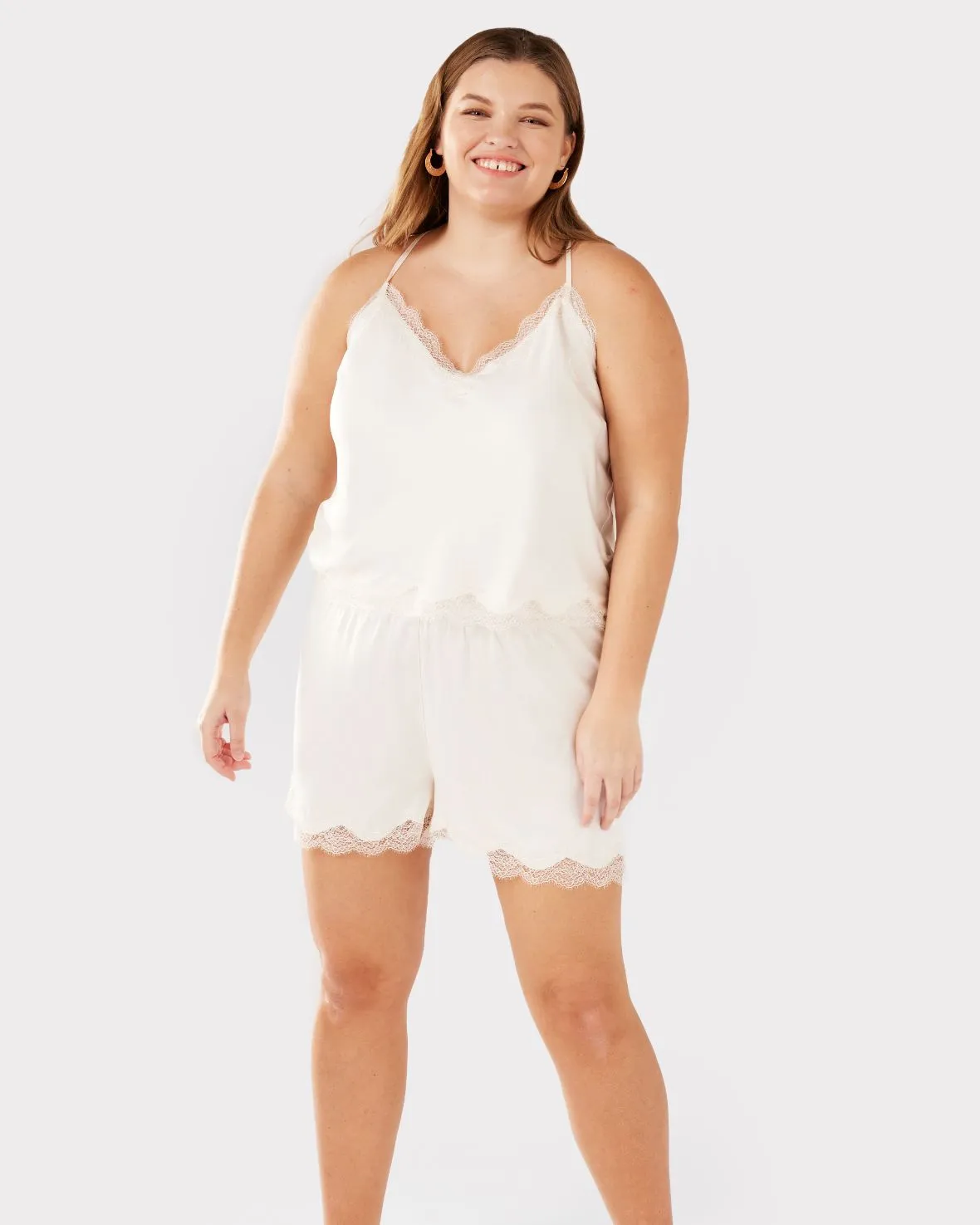 Satin Lace Trim Cami Short Pyjama Set - Ivory