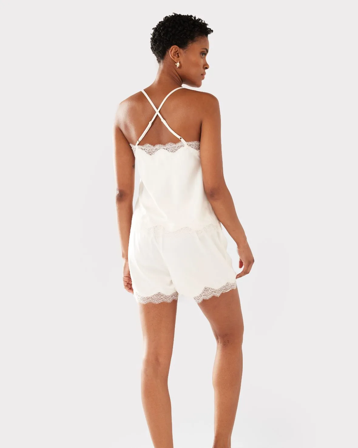 Satin Lace Trim Cami Short Pyjama Set - Ivory