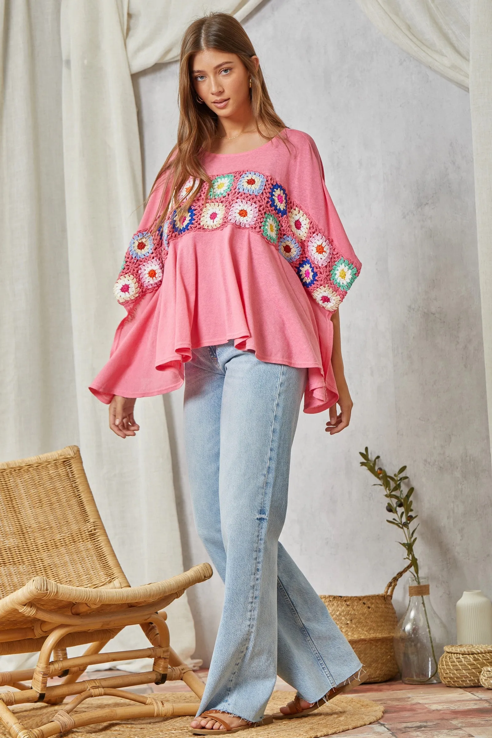 Savanna Jane Granny Square Embroidery Top in Pink