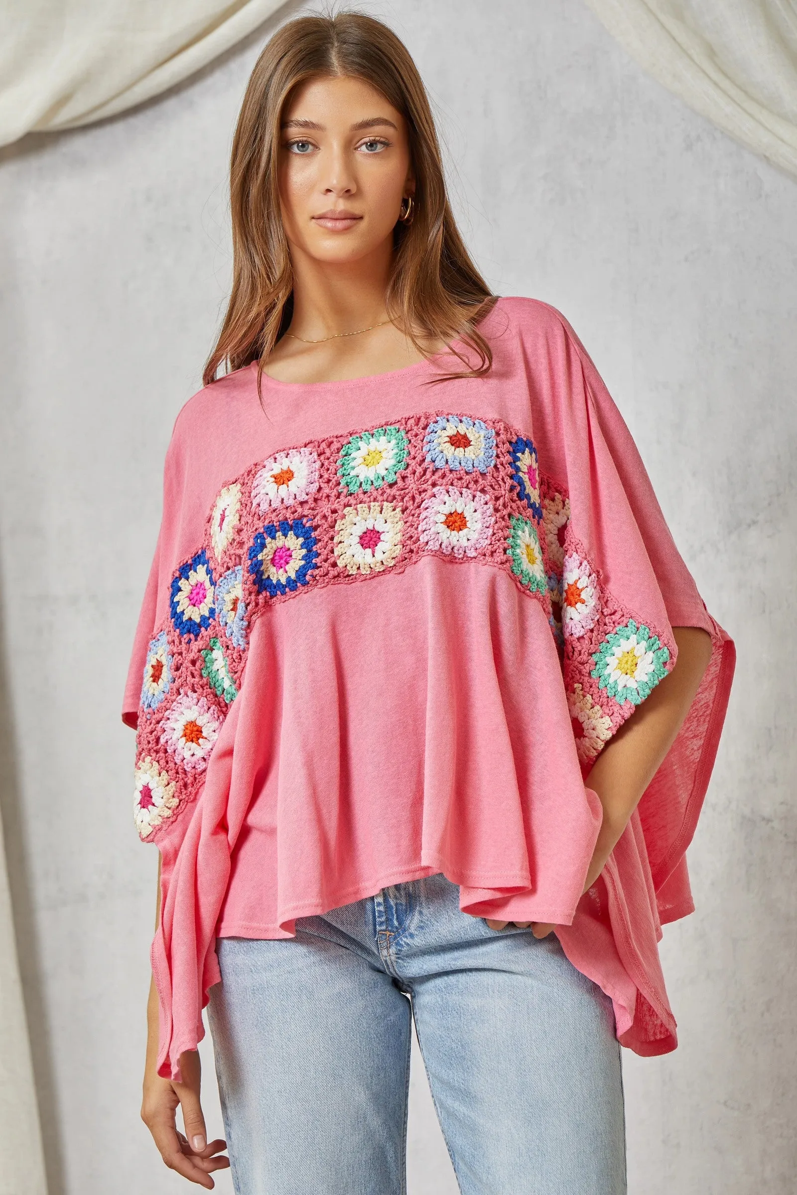 Savanna Jane Granny Square Embroidery Top in Pink