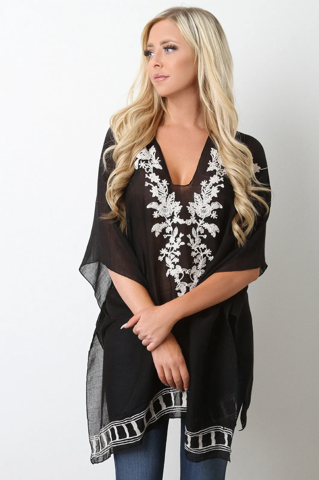 Semi-Sheer Floral Embroidery Poncho Top