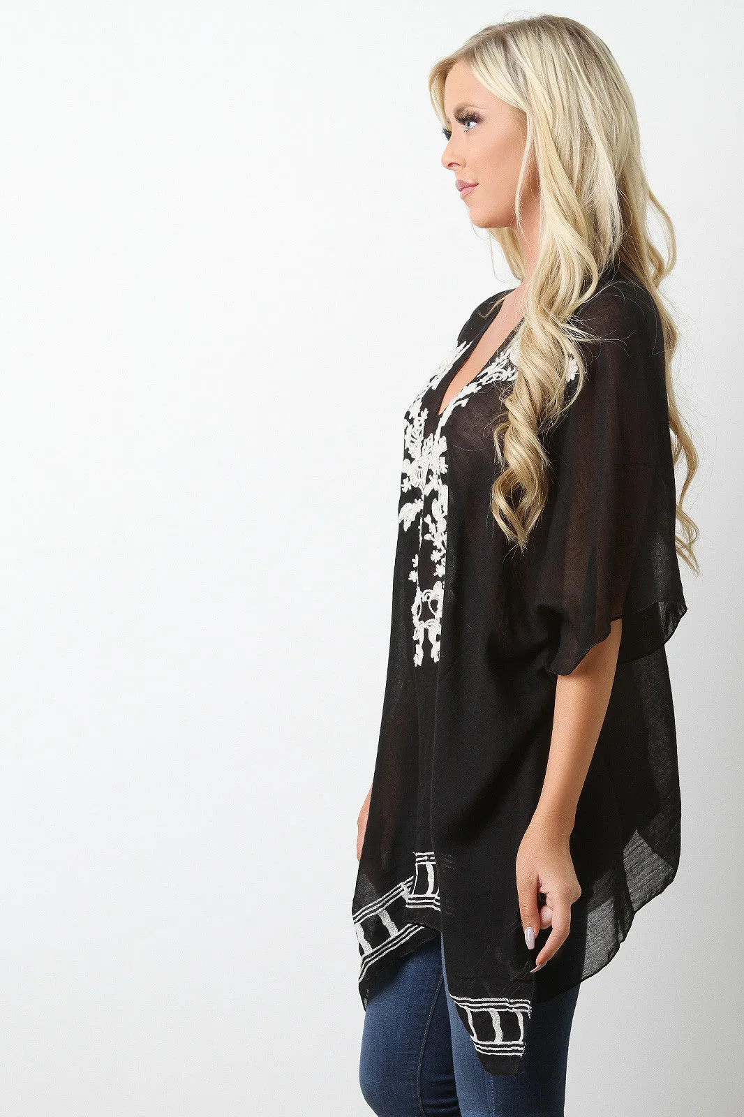 Semi-Sheer Floral Embroidery Poncho Top