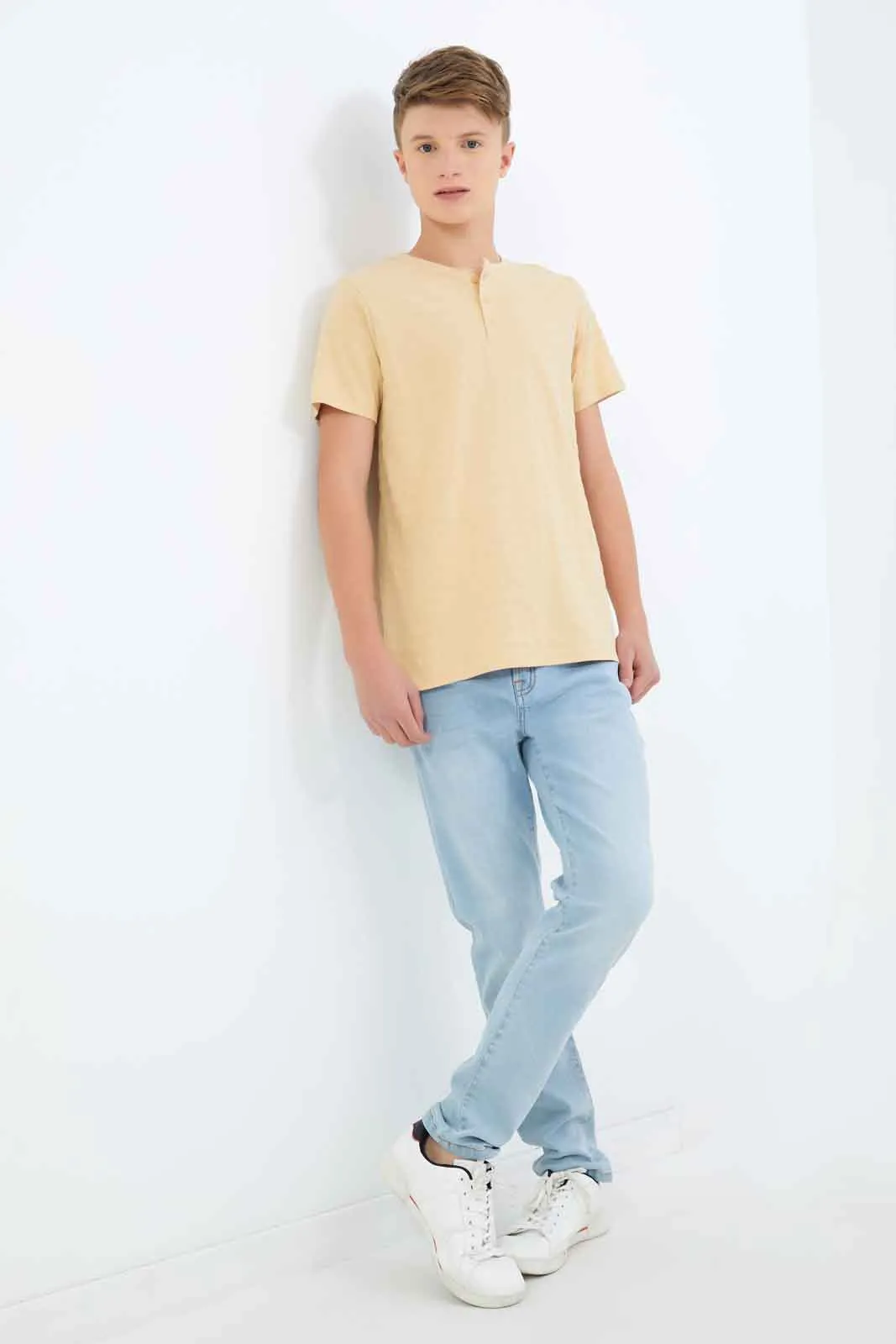 Senior Boys Beige Jacquard Henley T-Shirt