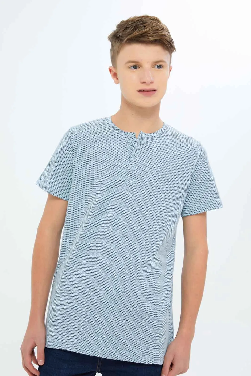 Senior Boys Blue Jacquard Henley T-Shirt