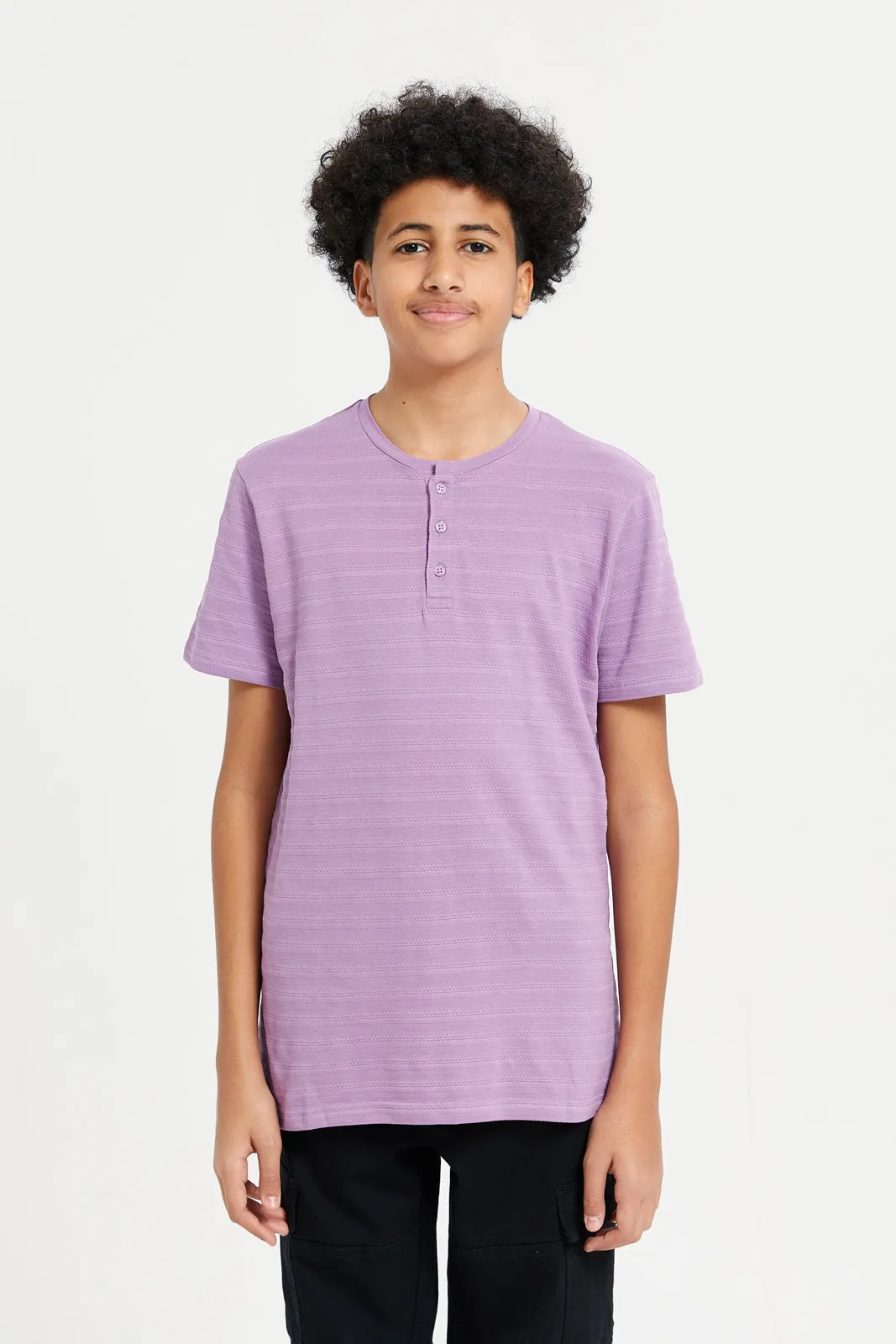 Senior Boys Lilac Jacquard Henley T-Shirt