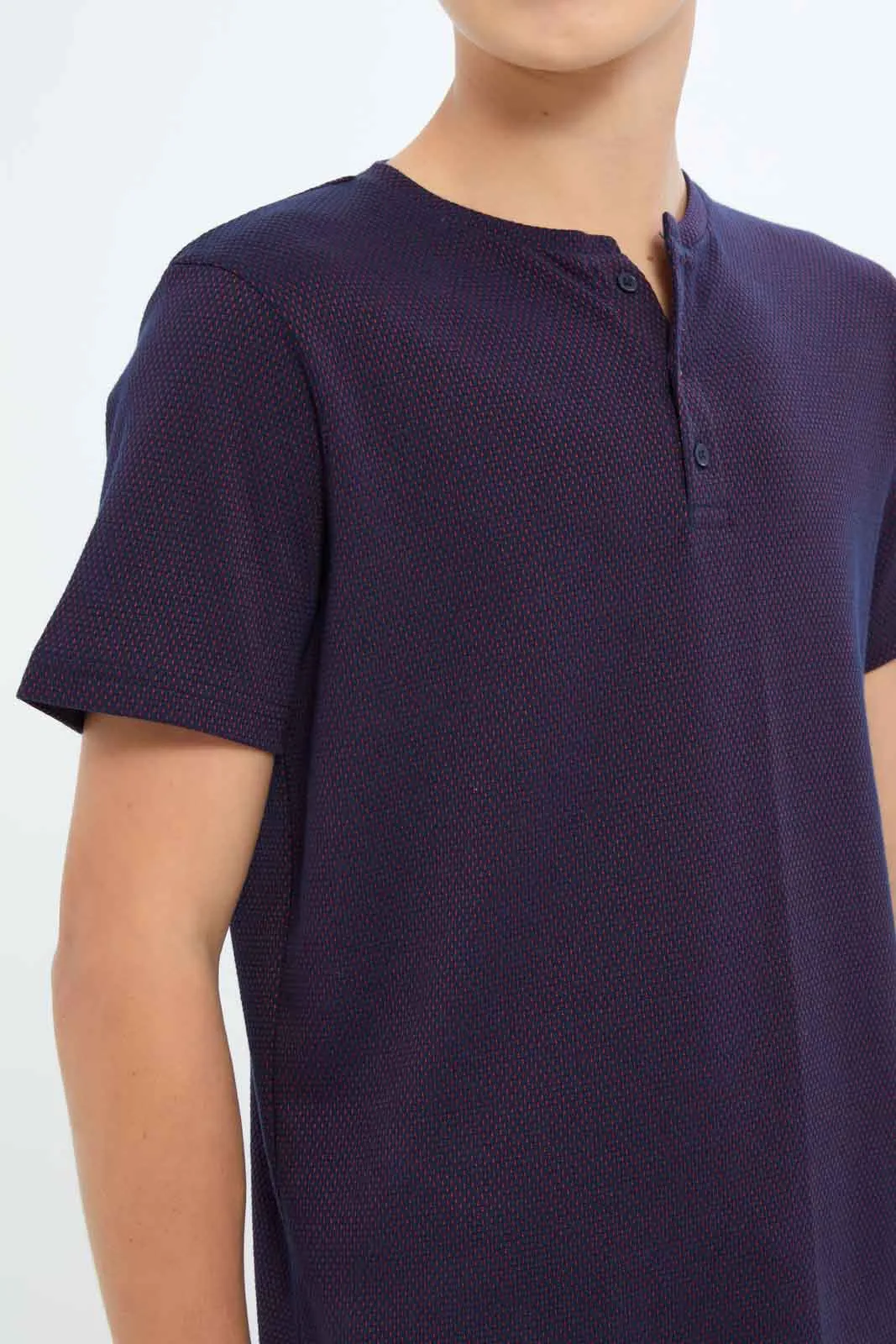 Senior Boys Navy Jacquard Henley T-Shirt