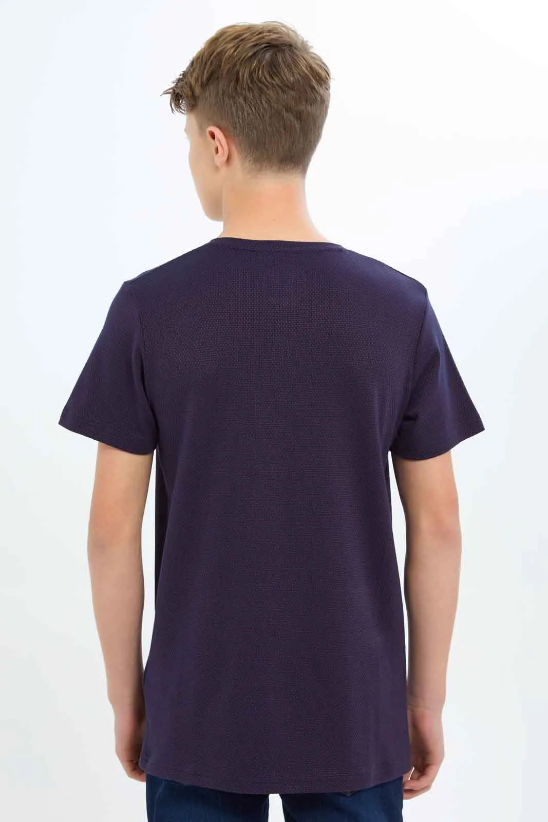 Senior Boys Navy Jacquard Henley T-Shirt