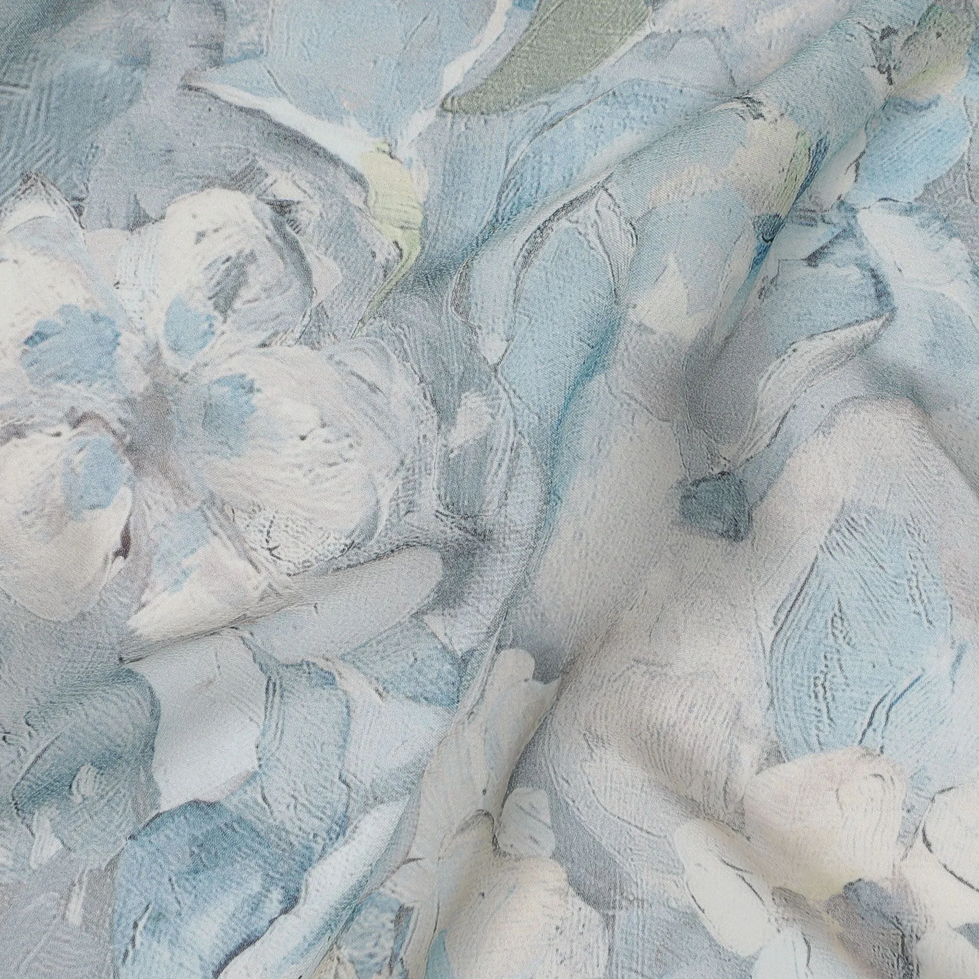 Serenity Blue Floral Viscose Crepe Fabric - 110cm Wide, Soothing Design, Shop Online-D18107