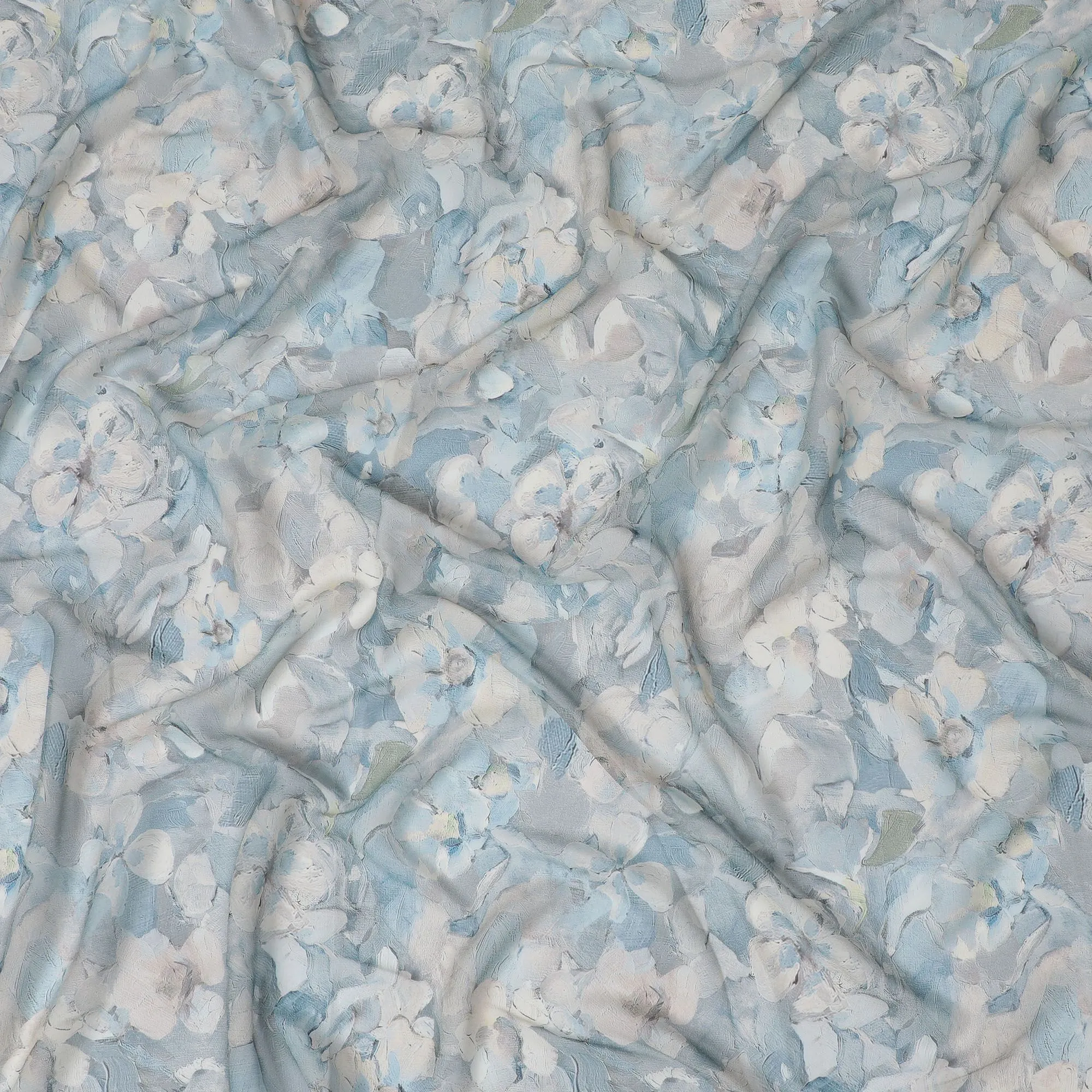 Serenity Blue Floral Viscose Crepe Fabric - 110cm Wide, Soothing Design, Shop Online-D18107