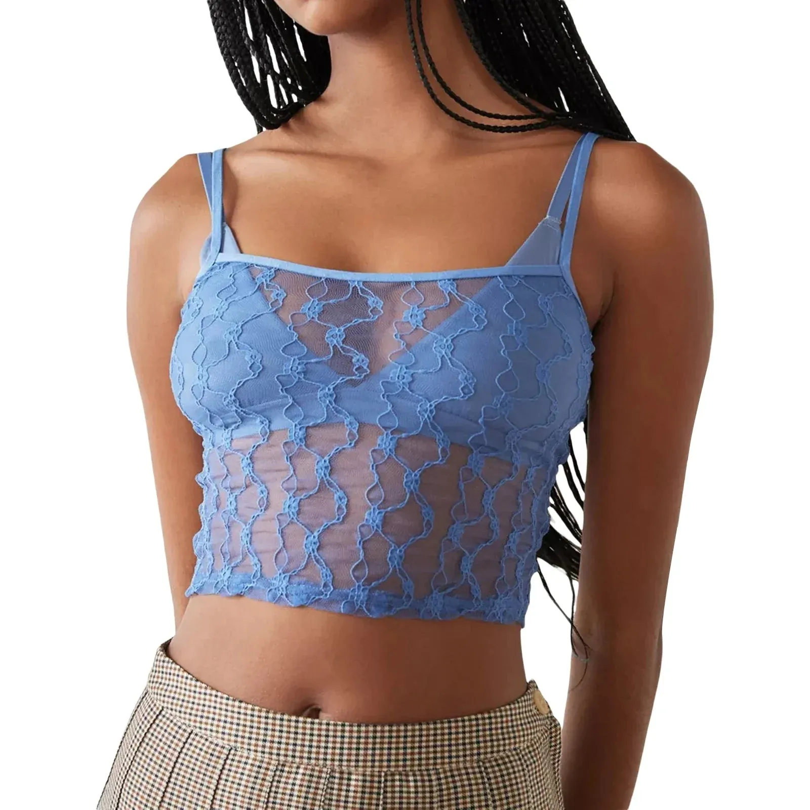 Sexy Sheer Mesh Crop Tops Lace Floral See Through Camisole Going Out Slim Fit Tank Women Top